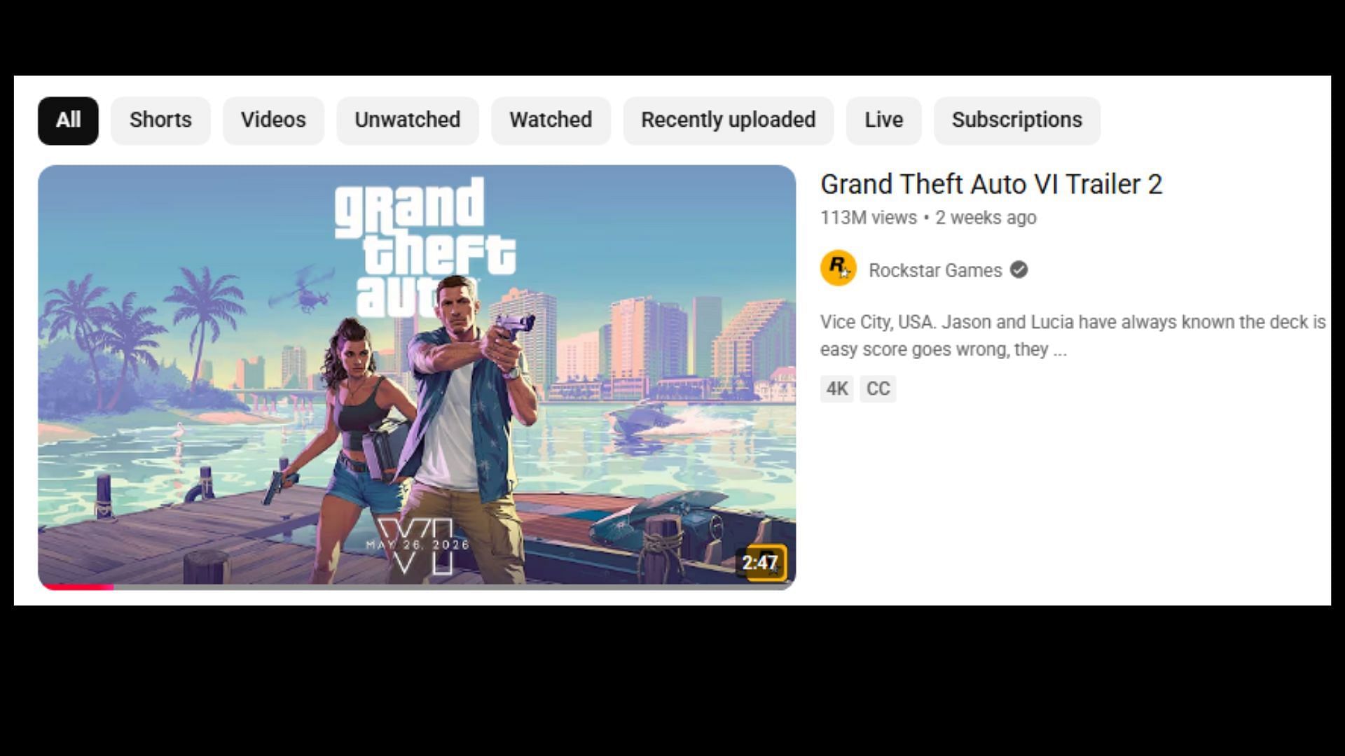GTA 6 trailer 2's YouTube view count at the time of writing (Image via YouTube/@RockstarGames)